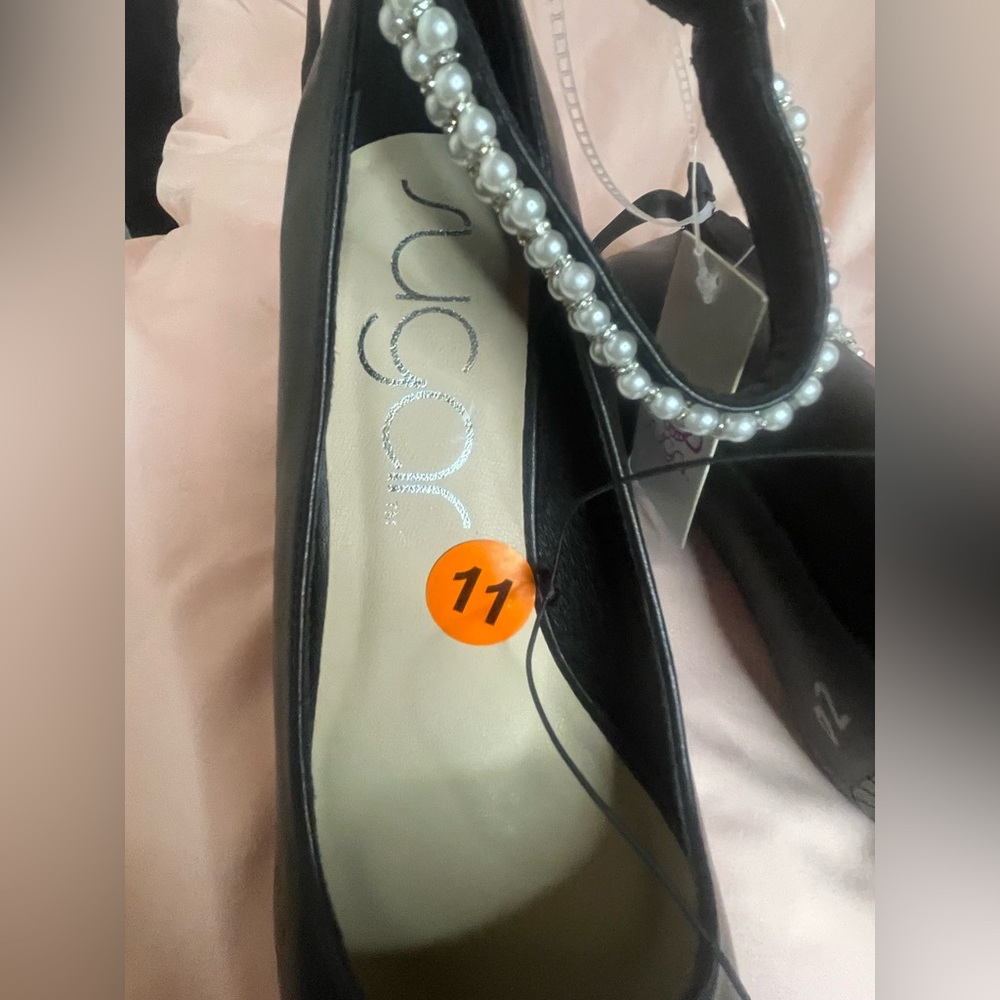 Sugar Women's High Heel Pointed Toe Block Pearl Bead Strap Bow On Back Sz11 NWT - Picture 7 of 7